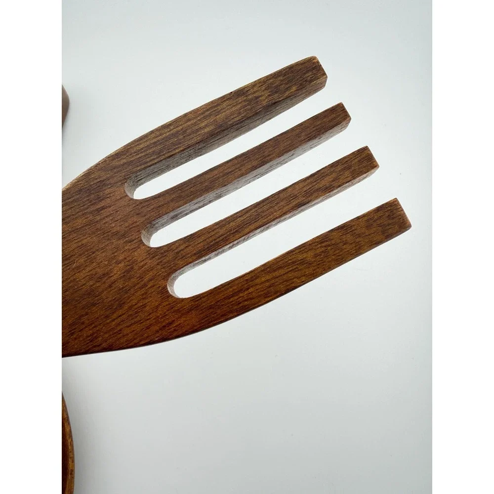 Vintage Hand Carved Wooden Tiki Salad Servers 12 Inch Wood Fork Spoon Set MCM